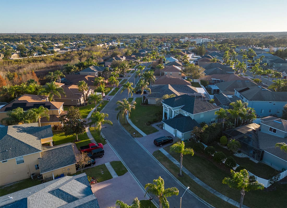 Tampa, FL - Aerial View of a Residential Neighborhood with Palm Trees in Tampa Florida